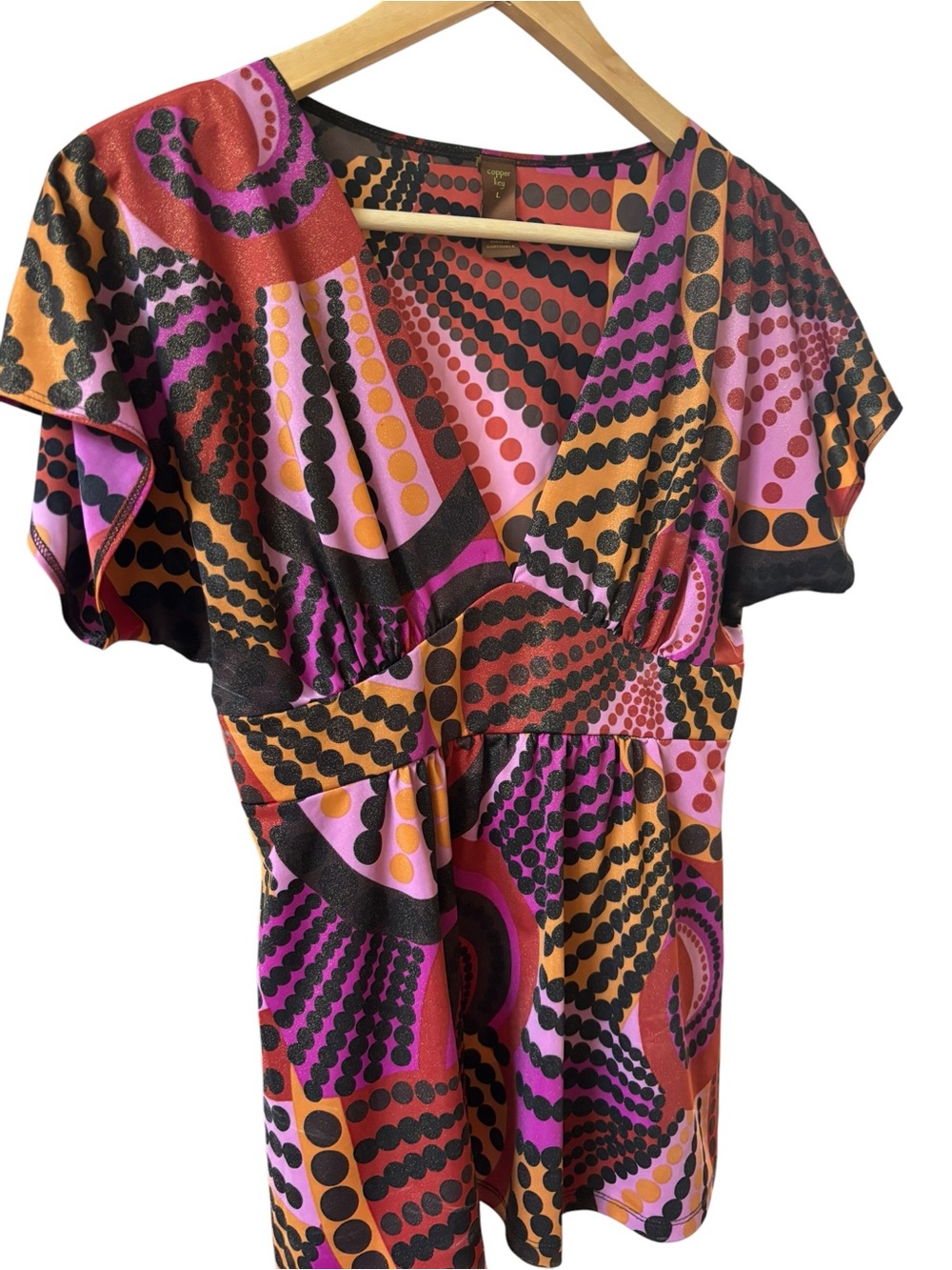 Vintage Copper Key Psychedelic Mod Dot Print Retro Y2K Boho Groovy Top L